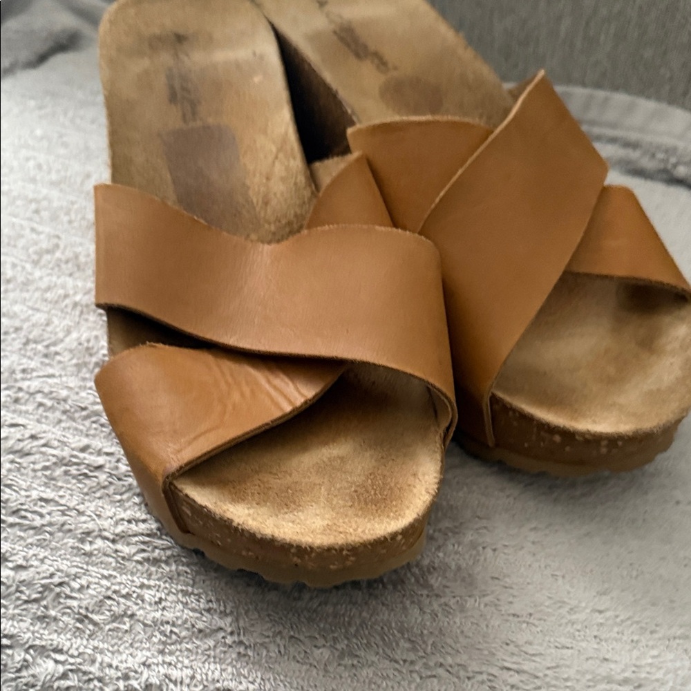 A. Giannetti Brown Leather Mules women’s sz 10 leather upper  cork wedge Italy